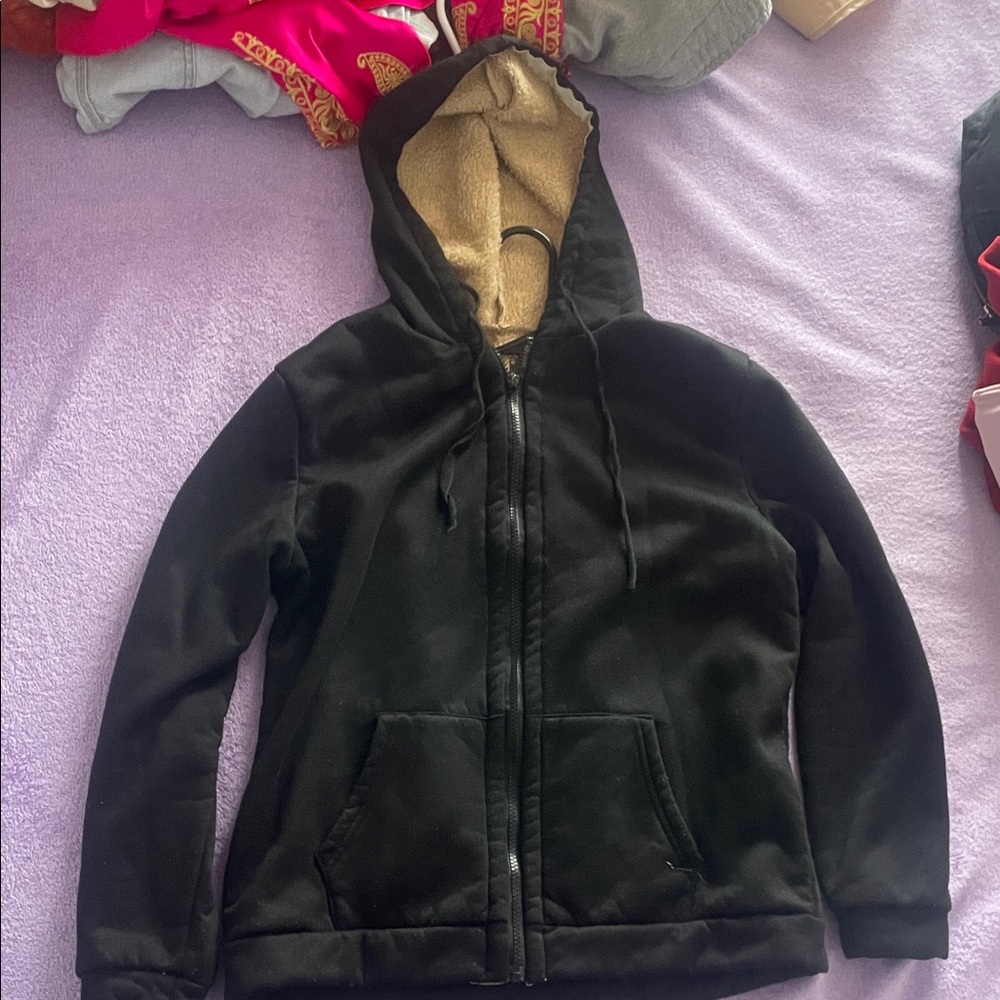 Black Hooded Jacket with Tan Lining